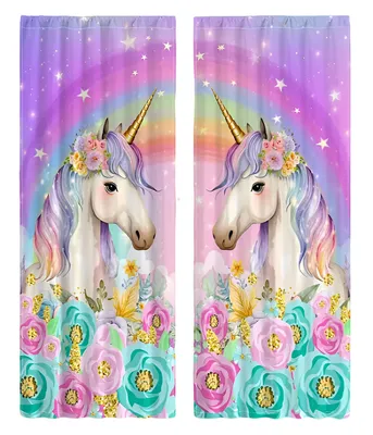 Obrázok produktu pre Hotové dievčenské závesy 130x210cm - Jednorožec v kvetoch