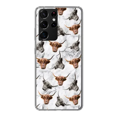 Produktbild von MuchoWow® Handyhülle Schutzhülle Hülle für Samsung Galaxy S21 Ultra Schottischer Highlander - Kuh - Marmor Silikon Softcase Handy Hülle - Mobiltelefon