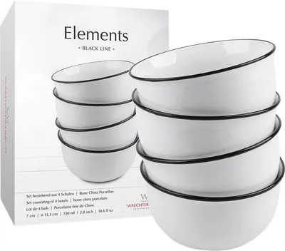 Immagine prodotto di Waechtersbach Müslischale 4er Set im Geschenkkarton Elements - Black Line, Schalenset, New Bone China, weiß, 13 cm, 41 5 972 8000