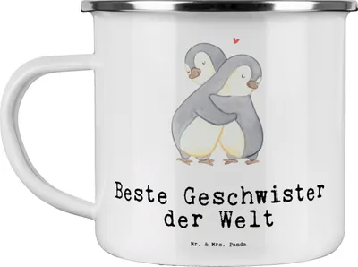 Produktbild von Mr. & Mrs. Panda Pott Pinguin Beste Geschwister der Welt - Weiß - Geschenk, Geburtstagsgeschenk, Motivtasse, Nachwuchs, Emaille Becher, Bruder, Teetasse, Familie, Brüder