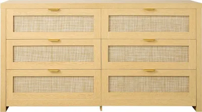Image de Commode en rotin à 6 tiroirs, commode double pour chambre à coucher, commode en rotin naturel avec poignées en métal, rangement moderne en bois pour vêtements et autres objets pour chambre à coucher, salon, couloir, Burlywood