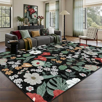 Image de Tapis à poils courts, lavable, antidérapant, dimensions 160x230 cm, couleur noire avec motifs floraux rouges et blancs