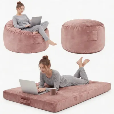 Produktbild von Sitzsack - 2-in-1 Memory Foam - Übergroß 120 cm - Umwandelbar zum Sitzsackbett - Waschbarer Samtbezug - Für Erwachsene und Jugendliche - Pink