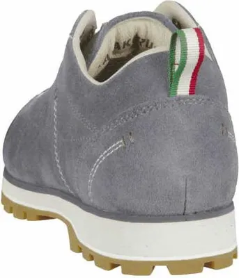 A close-up rear view of a grey suede shoe.