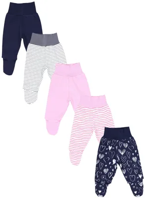 Produktbild von TupTam Baby Strampelhose Jungen Mädchen Hose mit Fuß 5er Pack, Farbe: Pink Streifen Blau Herzen Grau, Größe: 50