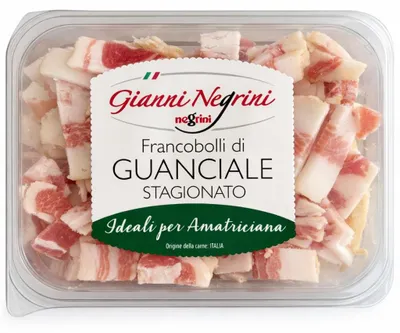 Zdjęcie produktu dla Guanciale Stagionato gewürfelt 80 g – Gianni Negrini