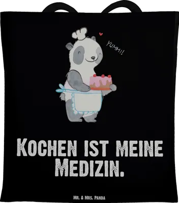 Produktbild von Mr. & Mrs. Panda Einkaufstasche Bär Kochen - Schwarz - Geschenk, Tasche, Jutebeutel, umhängebeutel, Laptoptasche, Hobbykoch, Hobbyköchin, Tote Bag, Schultasche
