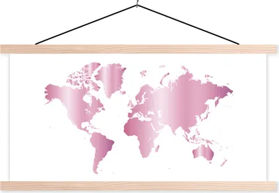 Produktbild von MuchoWow® Textilposter Weltkarte - Rosa - Gemälde 60x30 cm mit holzfarbenen Rahmen - Dekoration