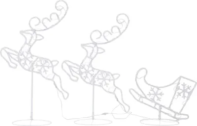 Three white wireframe Christmas decorations: two reindeer and a sleigh, on a white background.