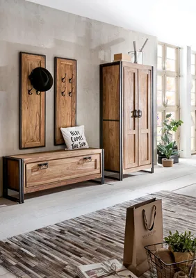 Produktbild von SIT Möbel Dielen-Set 4-tlg. | 1 Schuhschrank, 2 Garderobenpaneele, 1 Kleiderschrank | Akazie natur + Altmetall antikschwarz | B 85 x T 45 x H 180 cm | 18000-42 | Serie PANAMA