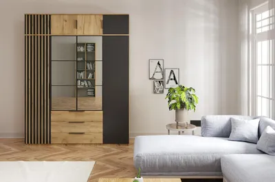 Produktbild von Sorento Kleiderschrank mit Aufsatzschrank, Lamellen Schwarz, Eiche Craft Gold - 200 x 61 x 245 cm