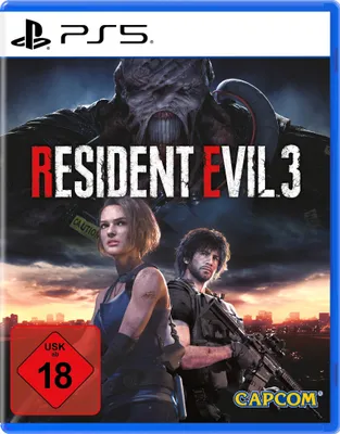The image shows the cover art for the Resident Evil 3 Remake PS5 game. It features characters from the game and the game's title.
