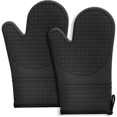 Immagine prodotto di 2 guanti da forno in silicone, resistenti al calore fino a 300°C, antiscivolo, con fodera in cotone, neri, extra lunghi