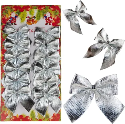 A set of 12 shiny silver Christmas tree bows arranged on a card with festive decorations.