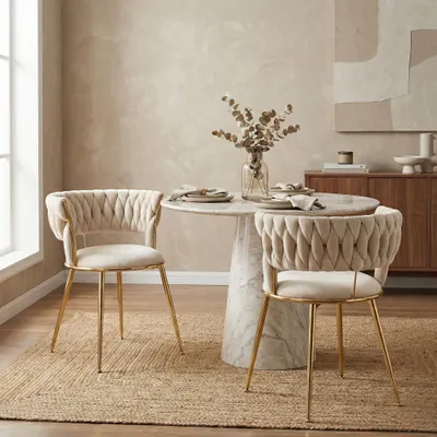 A dining set with two chairs and a marble-topped table in a well-lit room.
