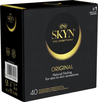A black box of SKYN Original condoms with gold accents.