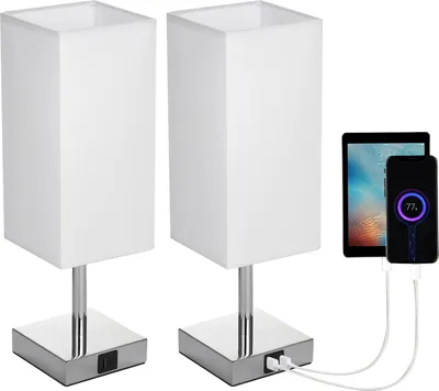 Produktbild von Neoglint 2 Packungen Stoff-Nachttischlampe, Nachttischlampe mit warmweisser LED-Gluehbirne, Schreibtischleuchte, Touch-Steuerung, USB-A-Typ-C-Ladeanschluesse, 3 Stufen dimmbar, fuer Wohnzimmer, Schlafzimmer, Arbeitszimmer, CafšŠ, Geschaeft