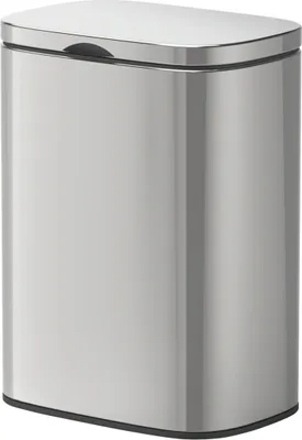 A studio shot of a silver trash can.