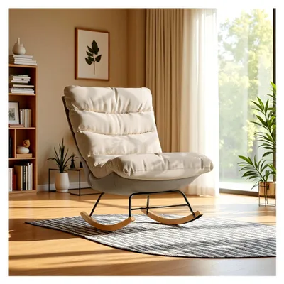 Produktbild von Schaukelstuhl mit verstellbarer Rückenlehne, moderner Relaxsessel, gepolstert für Wohnzimmer, Schlafzimmer, Balkon (Beige-A)