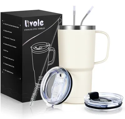 Image de Solidchoice - Gobelet de voyage en acier inoxydable de 600 ml, avec poignée et 2 couvercles, pour les boissons chaudes et froides