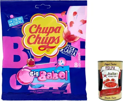 Produktbild von 3x Chupa Chups Cherry Flavour Big Babol 8 Lollipops, Lutscher Kirschgeschmack 144 g + Italian Gourmet polpa 400g