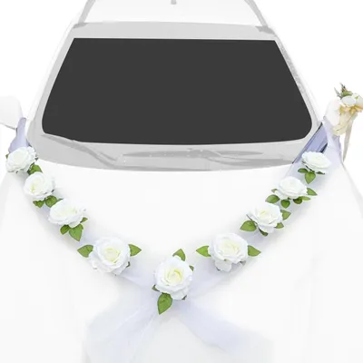 Productafbeelding van Autoversiering voor bruidspaar: bruiloftsgirlande, rozen, organza, wit