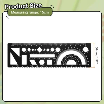 Produktbild von Multifunktionelle GeoMetrische Lineale 15cm Metrisch und SAE Aluminium Gerade Kante Winkelmesser Mathematik Messlineal GeoMetrische Zeichnungsvorlagen zum Zeichnen, Schwarz