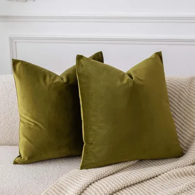 Obrázok produktu pre Zamatové obliečky na vankúše, olivovo zelená farba, 60x60 cm, sada 2 kusov, štvorcový tvar, mäkké, skrytý zips