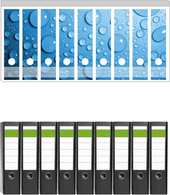 Produktbild von Wallario 9 Stück breite Ordner inkl. Klebeetiketten mit Motive Wassertropfen auf Blau -  Set mit Rückenschildern / Ordnerrücken Stickern