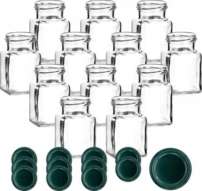 Produktbild von gouveo 12er Set Einmachgläser 150 ml eckig Schraubverschluss grün - Kleines Vorratsglas mit Deckel für Gewürze, Marmelade