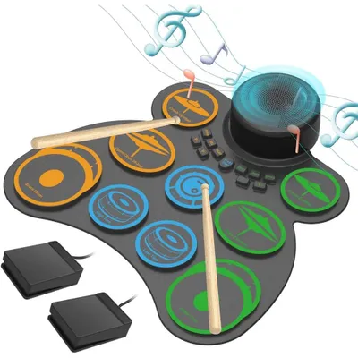 Image de 9 pads E-Drum, kit de batterie électronique Roll-Up tambour y compris 2 pédales et 2 baguettes de batterie pour enfants et débutants
