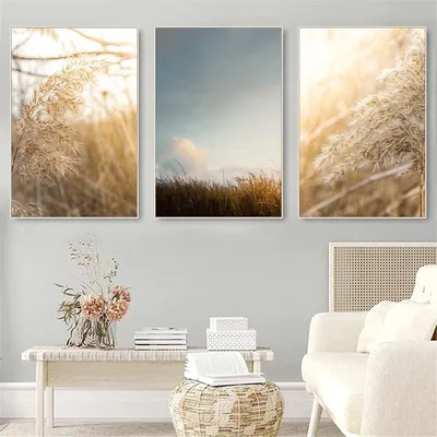 Productafbeelding van Set van 3 beige kunstposters met afbeelding van pampasgras, natuurmotieven, canvas, 40 x 50 cm