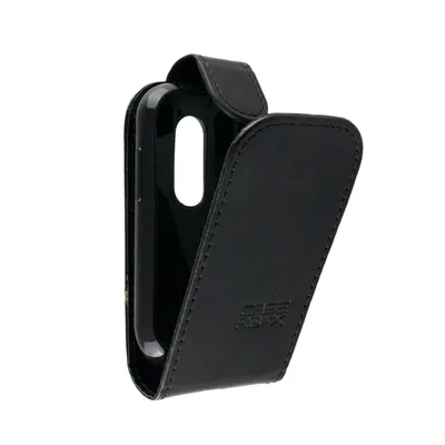 A black leather flip case for a smartphone, shown from the side with the flap open.