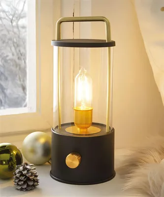 Produktbild von LED Lampe "Modern" schwarz & gold, 26 cm hoch, dimmbar, Tischlampe mit Akku, USB aufladbar, tragbar, Schreibtischlampe kabellos, Camping Laterne