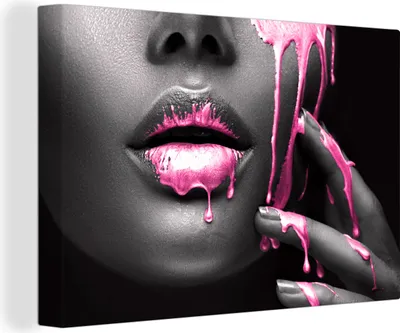Produktbild von MuchoWow® - Leinwandbilder - Lippen - Rosa - Schwarz, Wandbild, Wanddeko Bilder Wohnzimmer, 120x80 cm