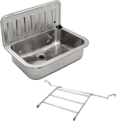 A stainless steel sink with a backsplash and a drying rack shown separately.