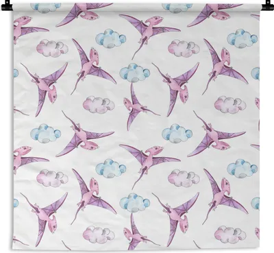 Produktbild von MuchoWow® Wandteppich Wandbehang Dinosaurier - Kinderzimmer - Lila - Mädchen - Kinder - Rosa - Kinder 150x150 cm Tapisserie Dekoration Wandtuch - Wohnaccessoires - Modernes