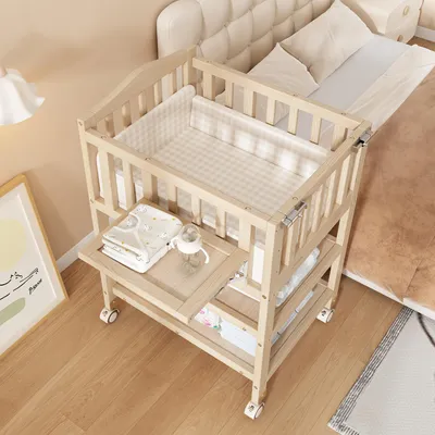 Zdjęcie produktu dla Stolik do przewijania 3 w 1 z łóżeczkiem dla dziecka i półką, wymiary: 74 x 58 x 98 cm, na kółkach, imitujący naturalne drewno