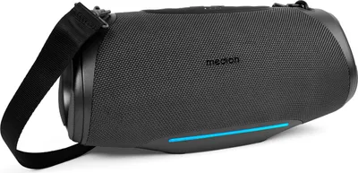 Produktbild von MEDION P61762 tragbarer Bluetooth Lautsprecher (Akku, Bass Boost, Musikbox, RGB Lichteffekte, IPX7 Wasserschutz & robust, integrierte Powerbank, 2X 25 W RMS) Anthrazit