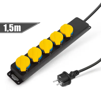 Imagen del producto de Regleta de enchufes para exteriores con 5 tomas - Cable de extensión con tapa y protección para niños - 1,5 m - IP44 - 250 V - 16 A - /Amarillo [20223E]