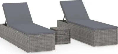Image de vidaXL 3 pcs. Bains de soleil de jardin avec table de thé Poly rotin gris