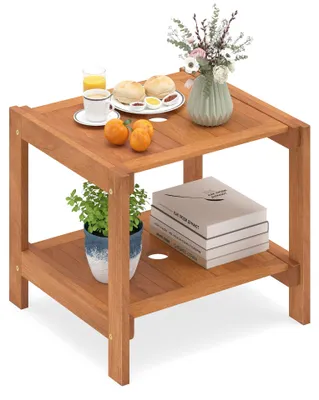 Image de Table d'appoint en bois COSTWAY, table de jardin avec trou pour parasol et compartiment de rangement, table en bois, petite table de balcon, table basse pour le jardin ou le balcon, 51 x 48 x 45 cm