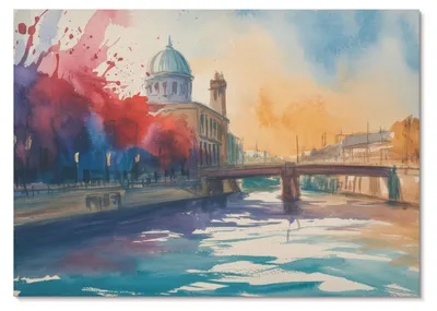 Produktbild von POSTER - 42x29 cm (A3) - Second Light - Städtische Aquarell-Brückenkuppel-Wasserspiegelungen - Wandbild für Wohnzimmer Schlafzimmer & Flur, Modernes Poster Wanddeko, Ungerahmt