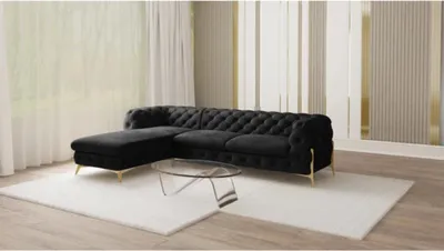 Produktbild von S-STYLE MÖBEL - Chesterfield Ecksofa mit Ottomane links Nova mit Goldene Metall Füßen aus Schwarz Samtstoff, B/T/H: 305 cm/ 200 cm/ 75 cm