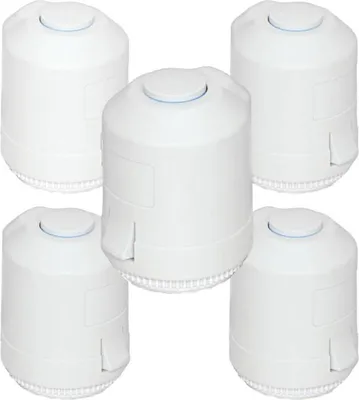 A group of five white valve actuators are arranged in a cluster on a white background.