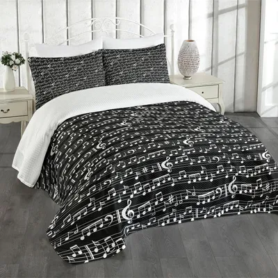 Produktbild von ABAKUHAUS Musik Tagesdecke Set, Noten und Notenschlüssel Blatt Muster Im Künstlerischen Abstrakten Kunst Druck, 264 x 220 cm, Schwarz und Weiß