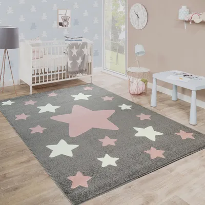 Produktbild von Teppich Kinderzimmer Kinderteppich Große Und Kleine Sterne In Grau Rosa Grösse 140x200 cm