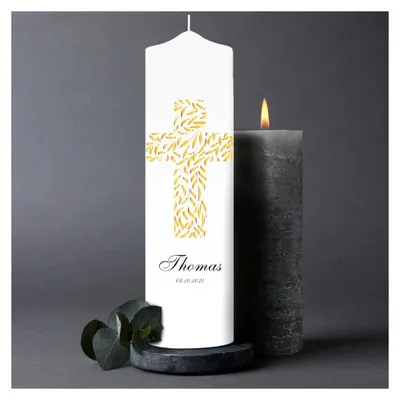 Produktbild von Trauerkerze mit goldenem Blattkreuz, personalisiert mit Namen und Datum, 25x7 cm