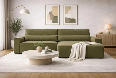 Produktbild von MOEBLO Ecksofa DENVER L – Ottomane beidseitig montierbar, Ecksofa aus Cord, Couch für Wohnzimmer, Schlafsofa Sofagarnitur Sofa Eckcouch L-Form Cordstoff mit Bettkasten und Schlaffunktion - Poso 46 Oliv