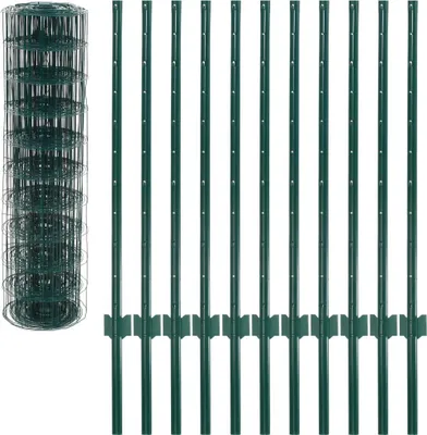 A roll of green metal fencing and several green metal fence posts are displayed against a white background.